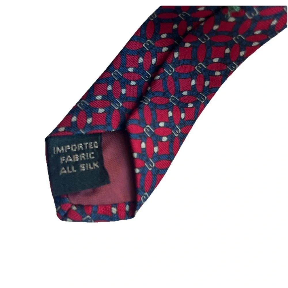 Burt Pulitzer Geometric 100% Silk Tie Red and Navy with Buckle Motif Vintage 90s